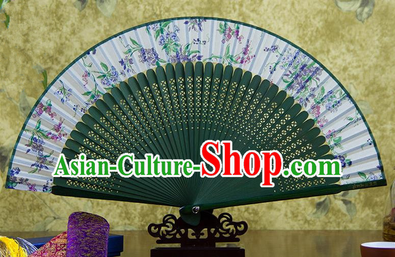 Traditional Chinese Handmade Crafts Green Folding Fan, China Sensu Printing Silk Fan Hanfu Fans for Women