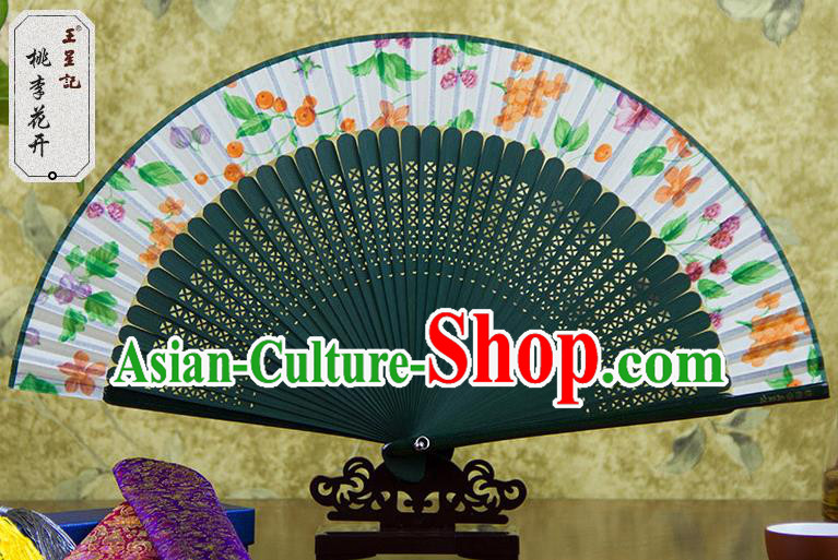 Traditional Chinese Handmade Crafts Green Folding Fan, China Sensu Printing Plum Flowers Silk Fan Hanfu Fans for Women