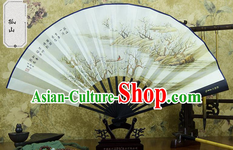 Traditional Chinese Handmade Crafts Ebonize Folding Fan, China Sensu Landscape Painting Silk Fan Hanfu Fans for Men