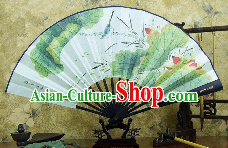 Traditional Chinese Handmade Crafts Ebonize Folding Fan, China Sensu Painting Lotus Silk Fan Hanfu Fans for Men