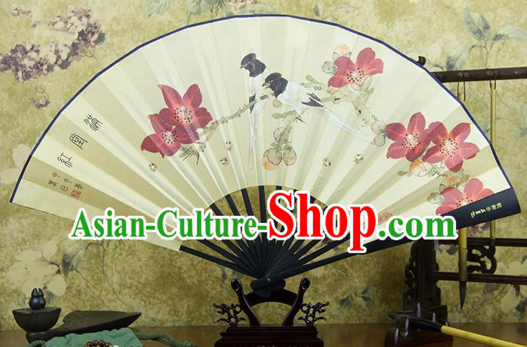 Traditional Chinese Handmade Crafts Ebonize Folding Fan, China Sensu Painting Magpie Wintersweet Silk Fan Hanfu Fans for Men