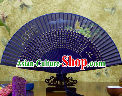 Traditional Chinese Handmade Crafts Folding Fan, China Sensu Painting Hangzhou West Lake Leifeng Pagoda Silk Fan Hanfu Fans for Women
