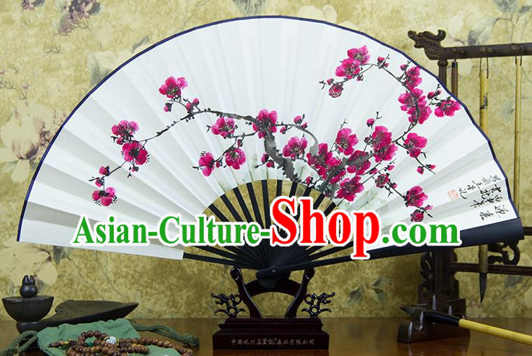 Traditional Chinese Handmade Crafts Ebonize Folding Fan, China Classical Art Paper Sensu Ink Painting Plum Blossom Xuan Paper Purple Fan Hanfu Fans for Men