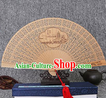 Traditional Chinese Handmade Crafts Sandalwood Folding Fan, China Classical Pagoda of Six Harmonies Sensu Hollow Out Wood Fan Hanfu Fans for Women