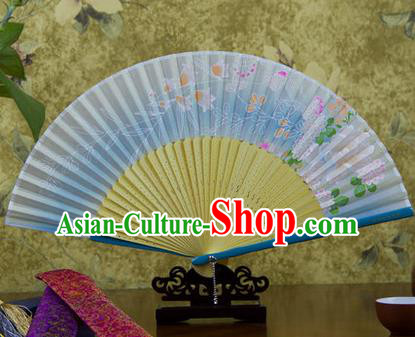 Traditional Chinese Handmade Crafts Bamboo Rib Folding Fan, China Classical Printing Butterfly Sensu Gradient Blue Silk Fan Hanfu Fans for Women