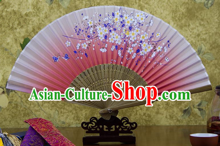 Traditional Chinese Handmade Crafts Hand Painting Flowers Folding Fan, China Classical Oriental Cherry Sensu Pink Silk Fan Hanfu Fans for Women