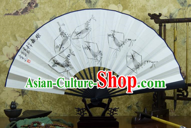 Traditional Chinese Handmade Crafts Ebonize Folding Fan, China Classical Art Paper Sensu Ink Painting Shrimp Xuan Paper Purple Fan Hanfu Fans for Men