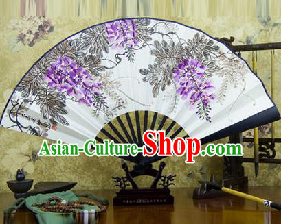 Traditional Chinese Handmade Crafts Ebonize Folding Fan, China Classical Art Paper Sensu Ink Painting Wisteria Xuan Paper Fan Hanfu Fans for Men