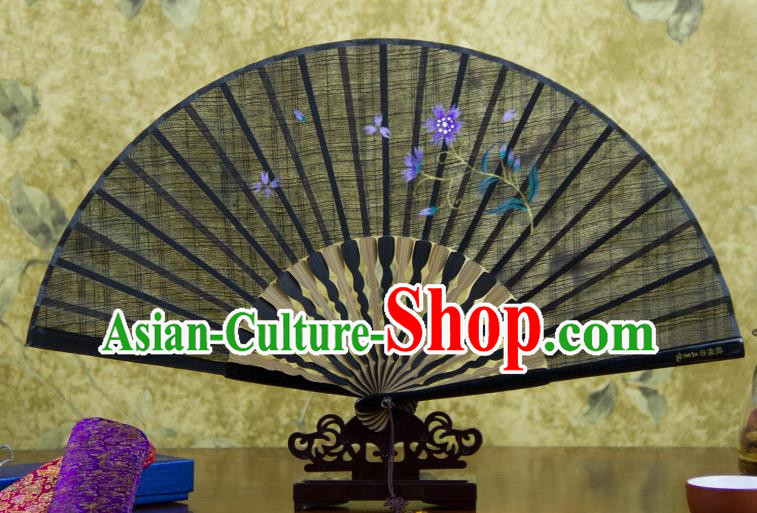 Traditional Chinese Handmade Crafts Printing Flower Folding Fan, China Classical Linen Sensu Black Fan Hanfu Fans for Women