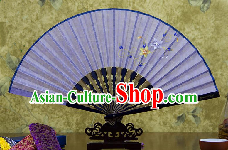 Traditional Chinese Handmade Crafts Printing Flower Folding Fan, China Classical Linen Sensu Light Purple Fan Hanfu Fans for Women
