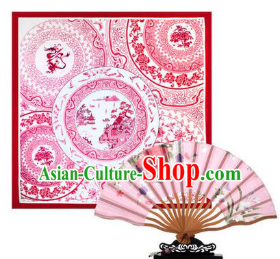 Traditional Chinese Handmade Crafts Silk Folding Fan and Scarves, China Classical Pink Sensu Peach Blossom Fan Hanfu Fans for Women
