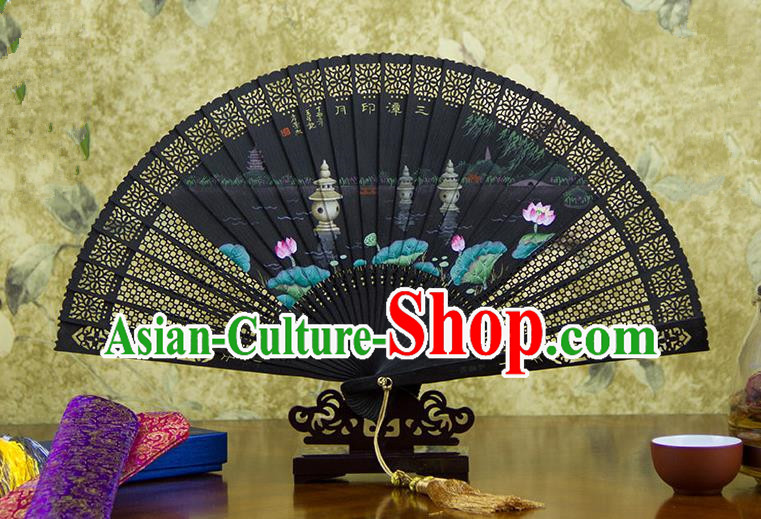 Traditional Chinese Handmade Crafts Ebomy Folding Fan, China Classical Hand Painting West Lake Lotus Sensu Hollow Out Fan Hanfu Fans for Women