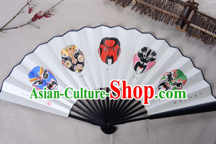 Traditional Chinese Handmade Crafts Xuan Paper Folding Fan, China Classical Art Paper Sensu Hand Painting Beijing Opera Facial Masks Fan Hanfu Fans for Men