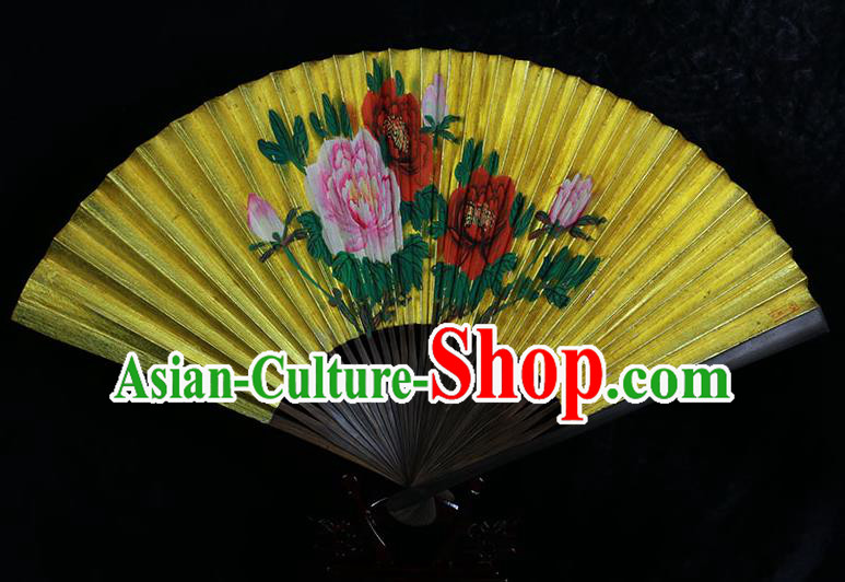 Traditional Chinese Handmade Crafts Llluminated Surface Folding Fan, China Classical Art Paper Hand Painting Peony Sensu Xuan Paper Fan Hanfu Fans for Men
