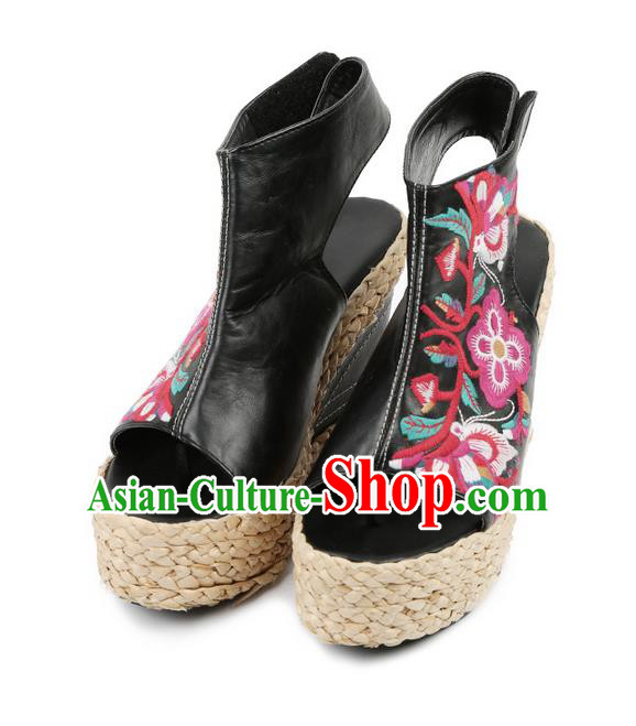 Traditional Chinese Shoes Wedding Shoes Embroidered Shoes Black Slipsole Shoes Hanfu Sheepskin Shoes for Women