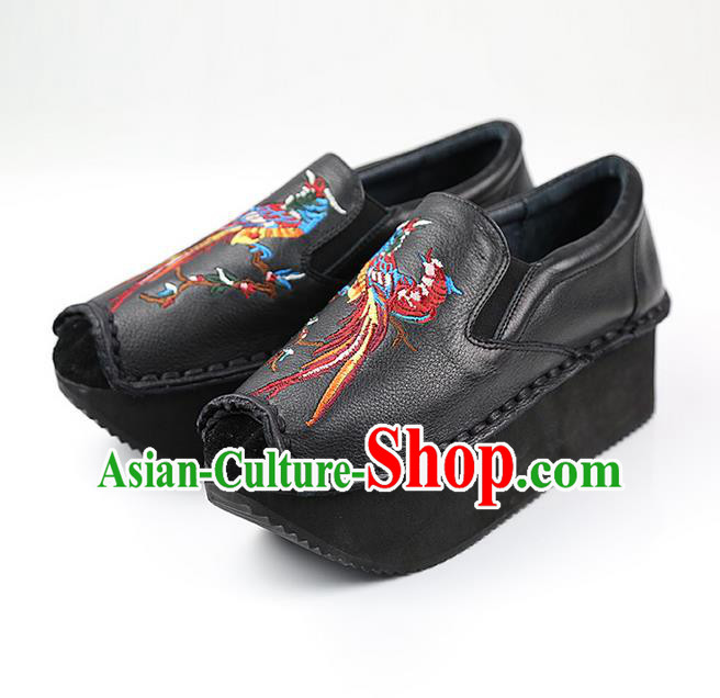 Traditional Chinese Shoes Embroidered Shoes Black Cow Leather Slipsole Shoes Hanfu Black Shoes for Women