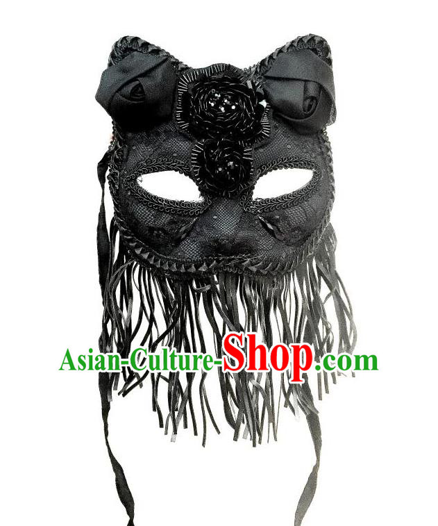 Top Grade Halloween Masquerade Accessories Bowknot Mask, Brazilian Carnival Black Tassel Cat Mask Veil for Women