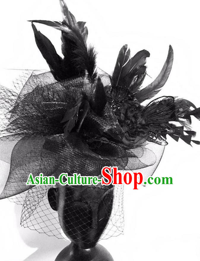 Top Grade Halloween Masquerade Ceremonial Occasions Handmade Model Show Baroque Black Feather Hair Accessories Headdress for Women