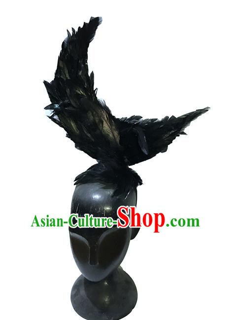 Top Grade Chinese Theatrical Luxury Headdress Ornamental Black Feather Headwear, Halloween Fancy Ball Asian Headpieces Model Show Feather Hair Accessories for Men