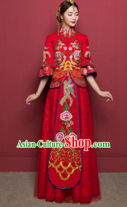 Traditional Ancient Chinese Wedding Costume Handmade XiuHe Suits Embroidery Peony Dress Bride Toast Red Veil Cheongsam, Chinese Style Hanfu Wedding Clothing for Women