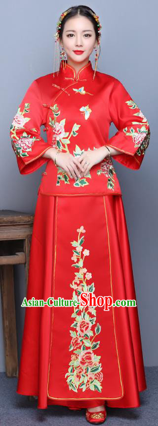 Traditional Ancient Chinese Wedding Costume Handmade XiuHe Suits Embroidery Peony Longfeng Gown Bride Toast Plated Buttons Cheongsam, Chinese Style Hanfu Wedding Clothing for Women
