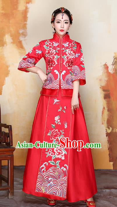 Traditional Ancient Chinese Wedding Costume Handmade XiuHe Suits Embroidery Peony Red Dress Bride Toast Cheongsam, Chinese Style Hanfu Wedding Clothing for Women