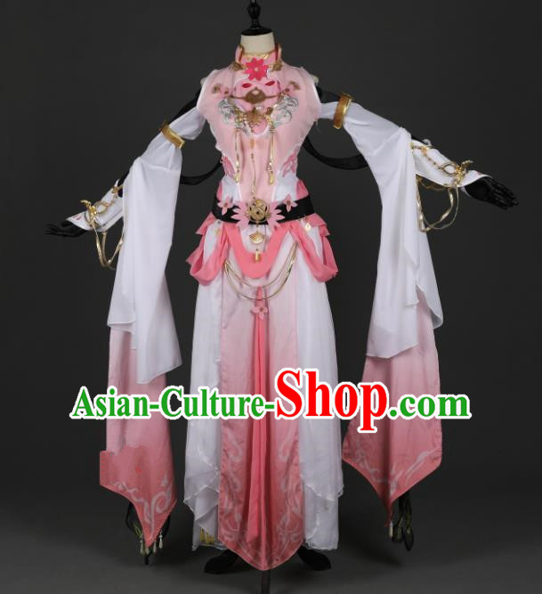 Chinese Ancient Cosplay Tang Dynasty Chivalrous Lady Dance Costumes, Chinese Traditional Pink Hanfu Dress Clothing Chinese Cosplay Swordswoman Costume for Women