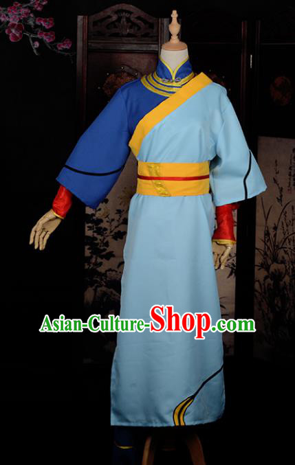 Chinese Ancient Cosplay Tang Dynasty Swordsman Costumes, Chinese Traditional Blue Clothing Chinese Cosplay Knight Costume for Men
