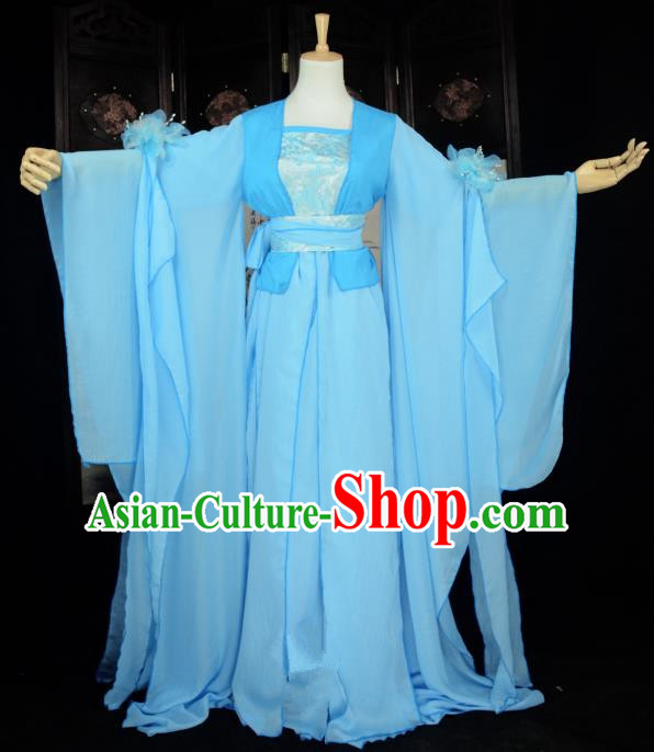 Chinese Ancient Cosplay Han Dynasty Princess Fairy Blue Dress, Chinese Traditional Hanfu Clothing Chinese Palace Lady Dance Costume for Women