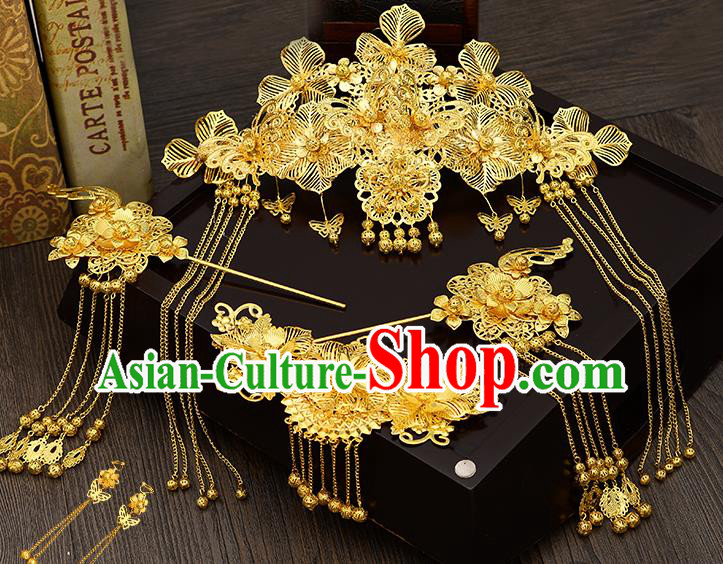 Traditional Handmade Chinese Ancient Classical Hair Accessories Xiuhe Suit Golden Tassel Step Shake Hairpin Complete Set, Hair Sticks Hair Jewellery Hair Fascinators for Women