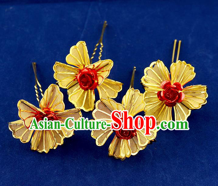 Traditional Handmade Chinese Ancient Classical Hair Accessories Xiuhe Suit Red Rose Golden Flower Hairpin Hair Comb, Hair Sticks Hair Jewellery Hair Fascinators for Women