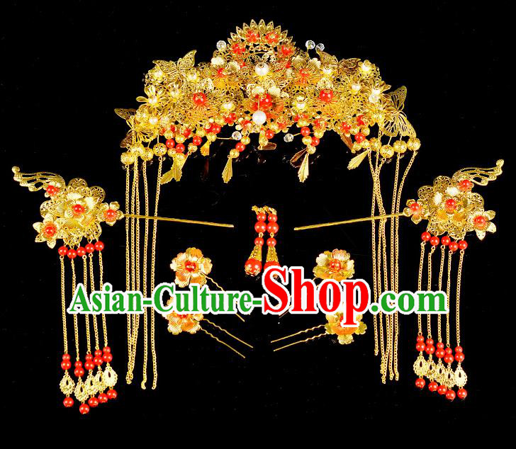 Traditional Handmade Chinese Ancient Classical Hair Accessories Xiuhe Suit Golden Butterfly Tassel Hairpin Phoenix Coronet Complete Set, Hair Sticks Hair Jewellery Hair Fascinators for Women
