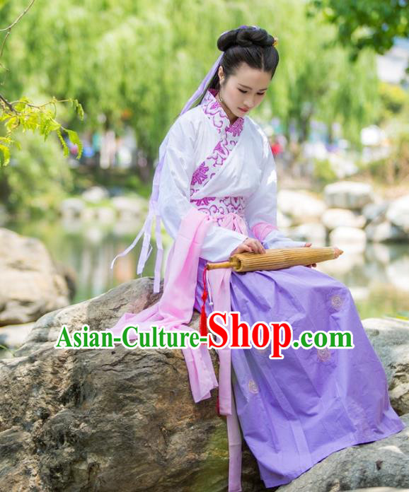 Traditional Chinese Han Dynasty Young Lady Costume, China Ancient Hanfu Dress Princess Embroidery Clothing for Women