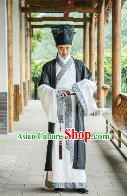Traditional Chinese Han Dynasty Nobility Childe Hanfu Costume Half-Arm Shawl Long Robe, China Ancient Scholar Black Clothing Complete Set for Men