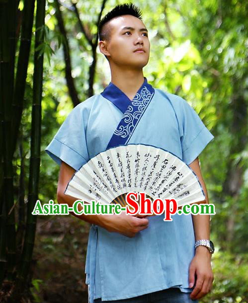 Traditional Chinese Han Dynasty Nobility Childe Hanfu Costume Slant Opening Blue Shirt, China Ancient Martial Arts Embroidery Upper Garment Clothing for Men