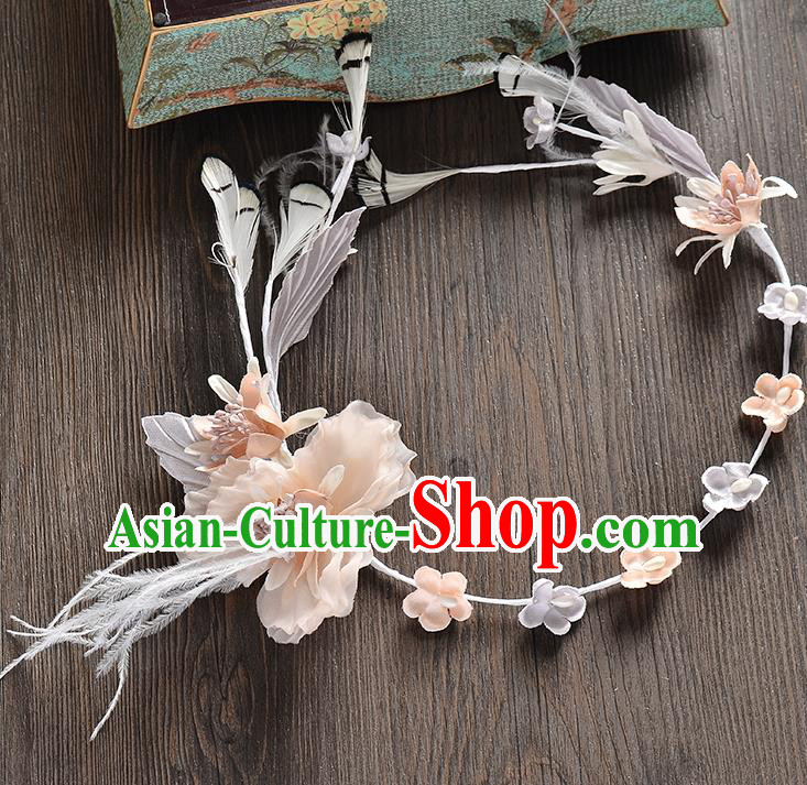 Top Grade Handmade Chinese Classical Hair Accessories Baroque Style Light Pink Flowers Feather Garland, Bride Hair Sticks Hair Clasp for Women