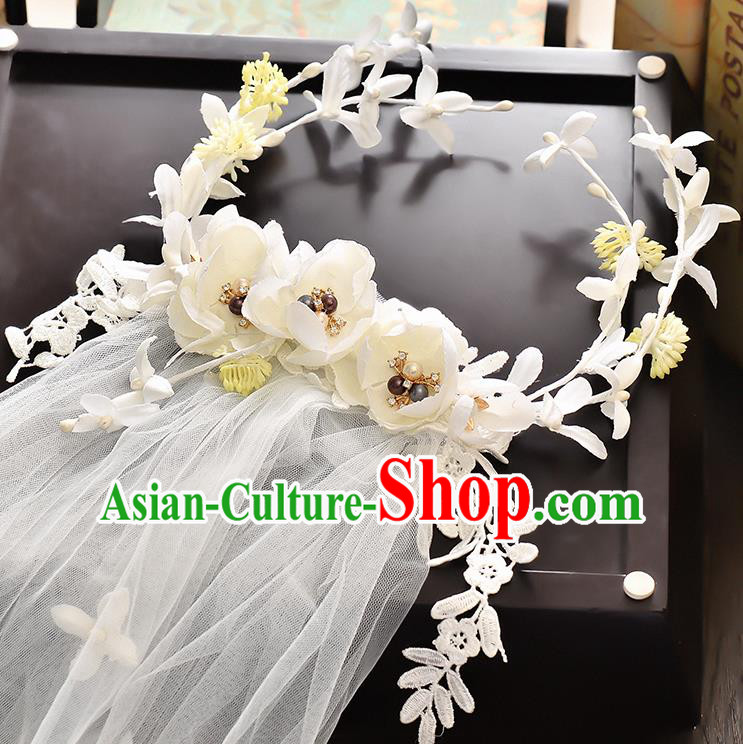 Top Grade Handmade Chinese Classical Hair Accessories Baroque Style Wedding White Lace Flowers Garland and Veil, Bride Hair Sticks Hair Clasp for Women
