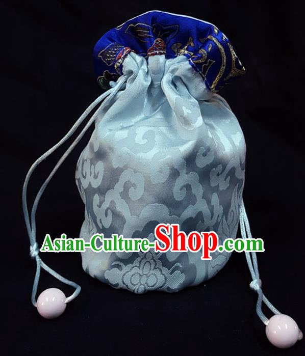 Traditional Handmade Chinese Ancient Young Lady Pouch Blue Handbags, China Hanfu Embroidery Satin Sachet for Women