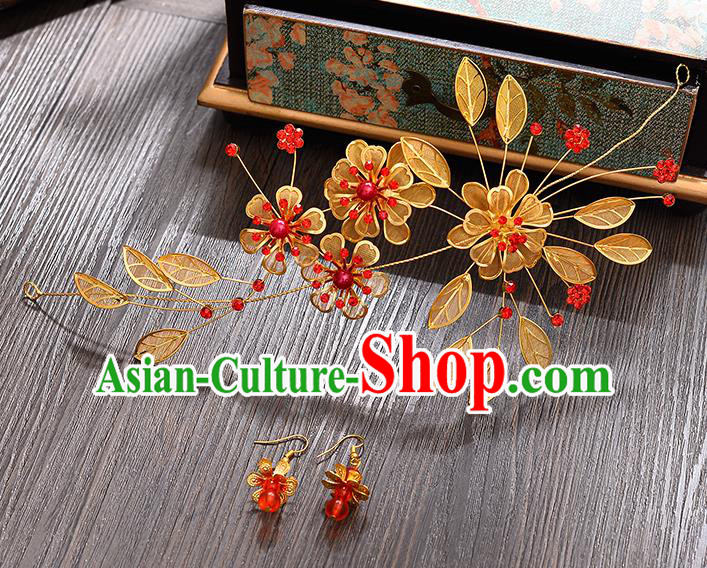 Traditional Handmade Chinese Ancient Classical Hair Accessories Xiuhe Suit Golden Flowers Hair Clasp, Hair Sticks Hair Jewellery Hair Fascinators for Women