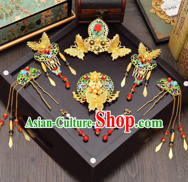 Traditional Handmade Chinese Ancient Classical Hair Accessories Xiuhe Suit Cloisonn Butterfly Hairpin Phoenix Coronet Complete Set, Step Shake Hair Sticks Hair Jewellery for Women