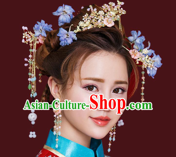 Traditional Handmade Chinese Ancient Wedding Hair Accessories Xiuhe Suit Pink Flowers Phoenix Coronet Complete Set, Bride Tassel Step Shake Hanfu Hairpins Hair Sticks Hair Jewellery for Women