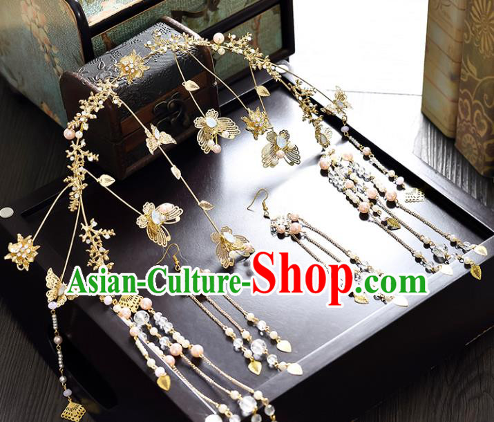 Traditional Handmade Chinese Ancient Classical Hair Accessories Xiuhe Suit Butterfly Tassel Hairpin Opal Phoenix Coronet Complete Set, Step Shake Hair Sticks Hair Jewellery for Women