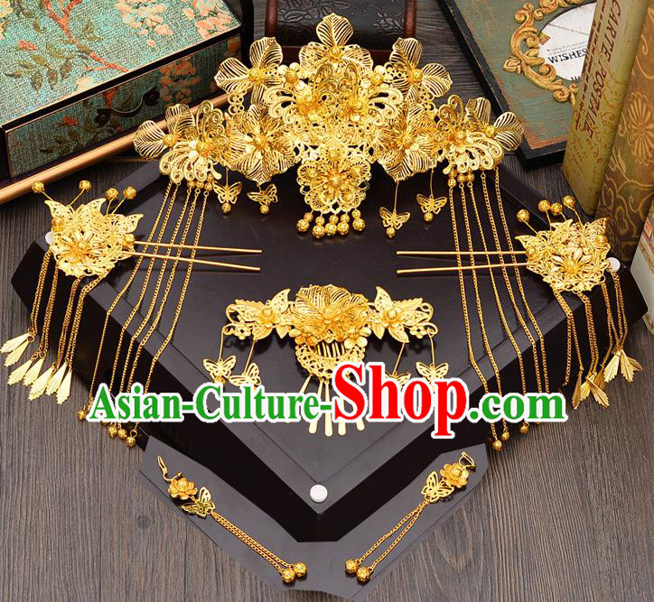 Traditional Handmade Chinese Ancient Classical Hair Accessories Xiuhe Suit Golden Hairpin Phoenix Coronet Complete Set, Step Shake Hair Sticks Hair Jewellery for Women