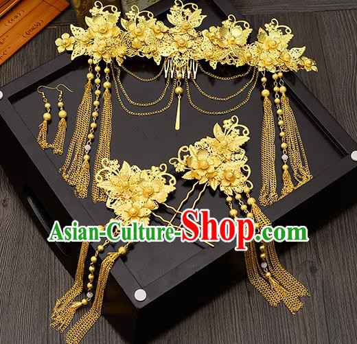 Traditional Handmade Chinese Ancient Wedding Hair Accessories Xiuhe Suit Golden Tassel Frontlet Phoenix Coronet Complete Set, Bride Hair Sticks Hair Jewellery for Women