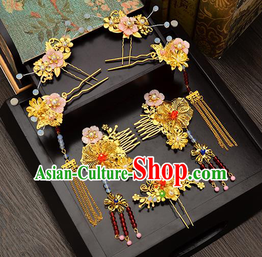 Traditional Handmade Chinese Ancient Wedding Hair Accessories Xiuhe Suit Pink Shell Tassel Frontlet Phoenix Coronet Complete Set, Bride Hair Sticks Hair Jewellery for Women