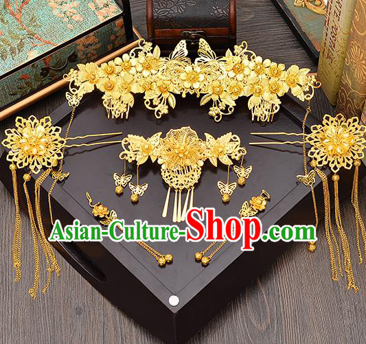 Traditional Handmade Chinese Ancient Wedding Hair Accessories Xiuhe Suit Pink Shell Tassel Frontlet Phoenix Coronet Complete Set, Bride Hair Sticks Hair Jewellery for Women