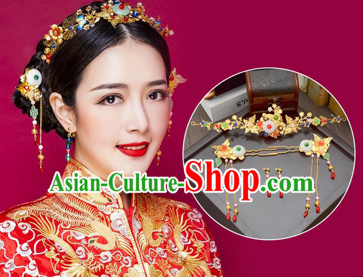 Traditional Handmade Chinese Ancient Wedding Hair Accessories Xiuhe Suit Green Jade Tassel Phoenix Coronet Complete Set, Bride Hair Sticks Hair Jewellery for Women