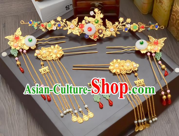 Traditional Handmade Chinese Ancient Wedding Hair Accessories Xiuhe Suit White Jade Tassel Phoenix Coronet Complete Set, Bride Hair Sticks Hair Jewellery for Women