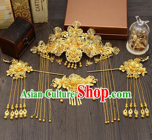 Traditional Handmade Chinese Ancient Wedding Hair Accessories Xiuhe Suit Golden Butterfly Tassel Step Shake Phoenix Coronet Complete Set, Bride Hair Sticks Hair Jewellery for Women