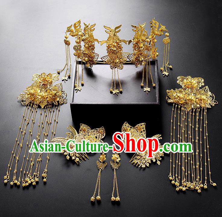 Traditional Handmade Chinese Ancient Wedding Hair Accessories Xiuhe Suit Tassel Phoenix Coronet Complete Set, Bride Hanfu Hair Sticks Hair Jewellery for Women